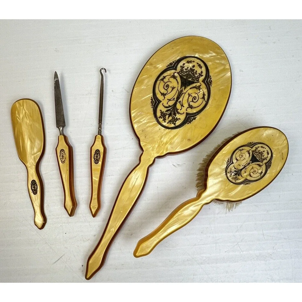 Vintage Vanity Set Brush Mirror Nail File Shoe Horn & Hook Bakelite Glamour